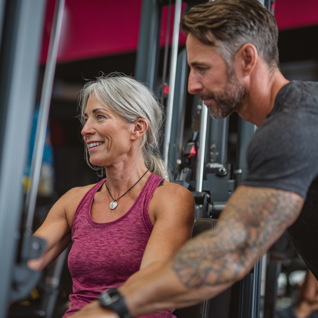 Жінка 52 років займається з персональним тренером в спортзалі, виконує вправи з правильною технікою, усміхнена та мотивована