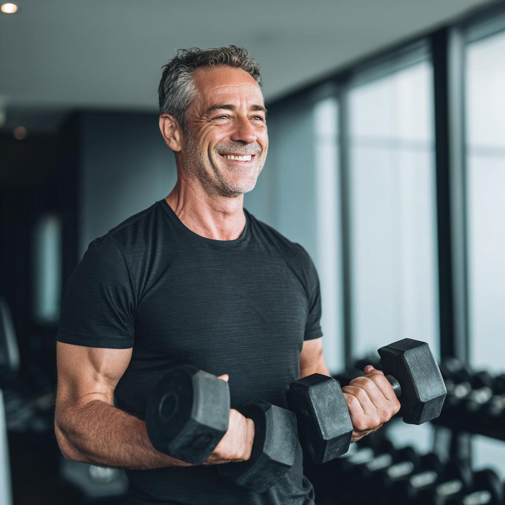 Чоловік 55 років виконує силові вправи з гантелями в сучасному фітнес-залі, посміхається та демонструє відмінну фізичну форму
