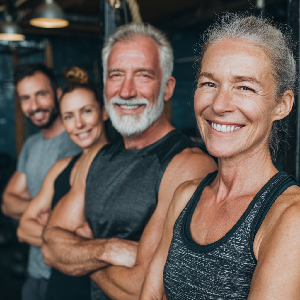 Група людей віком 50-58 років після тренування в спортзалі, всі посміхаються та виглядають задоволеними результатами, атмосфера дружби та досягнень